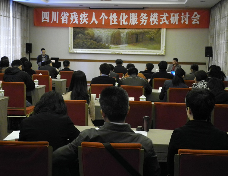 图为大英县残联城工办专干奉楷在研讨会上发言